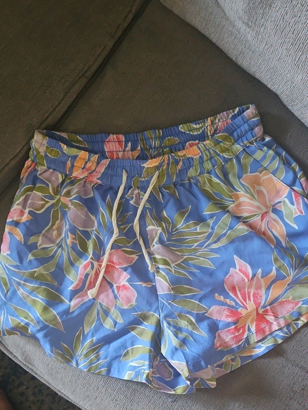 Billabong Blue Tropical Floral Drawstring Shorts with Pink Accents